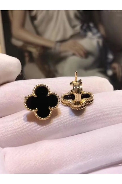 Siyah Renk Gold Taşlı Paslanmaz Çelik Yonca Küpe